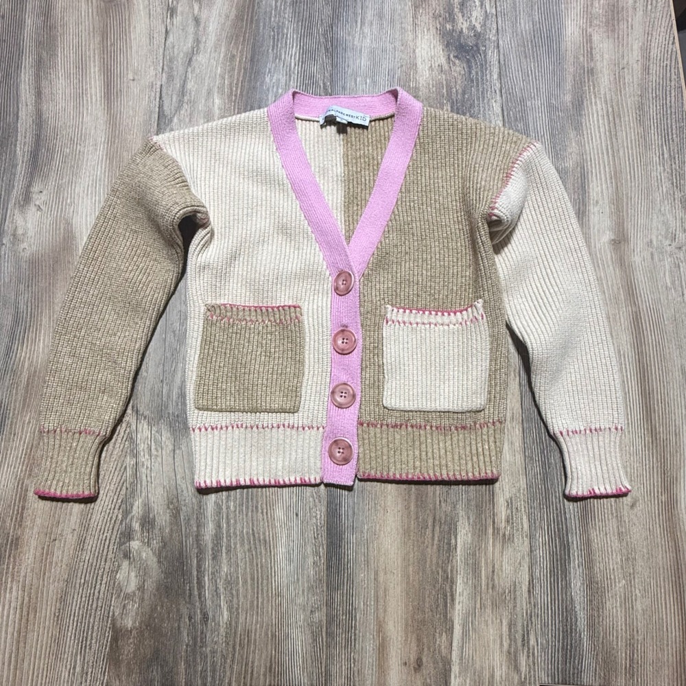 Central Park West Kid Colorblock Ribbed Knit Cardigan Sweater Tan Pink Size S